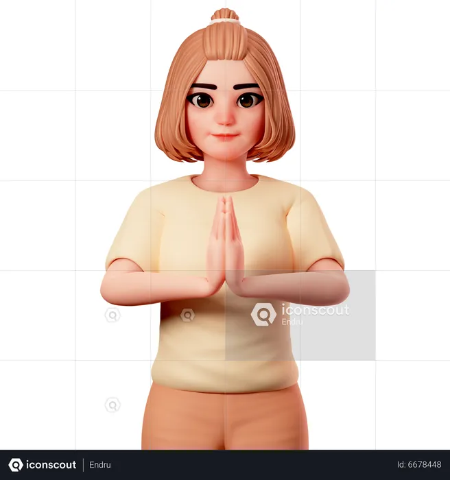 Casual Girl Showing Namaste or folded hand gesture  3D Illustration
