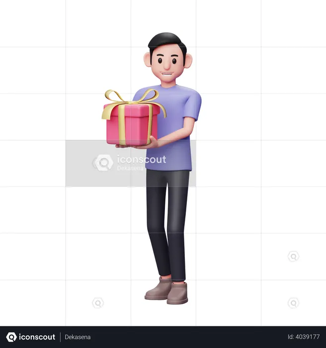 Casual man carrying a pink gift while walking to celebrate valentine's day  3D Illustration