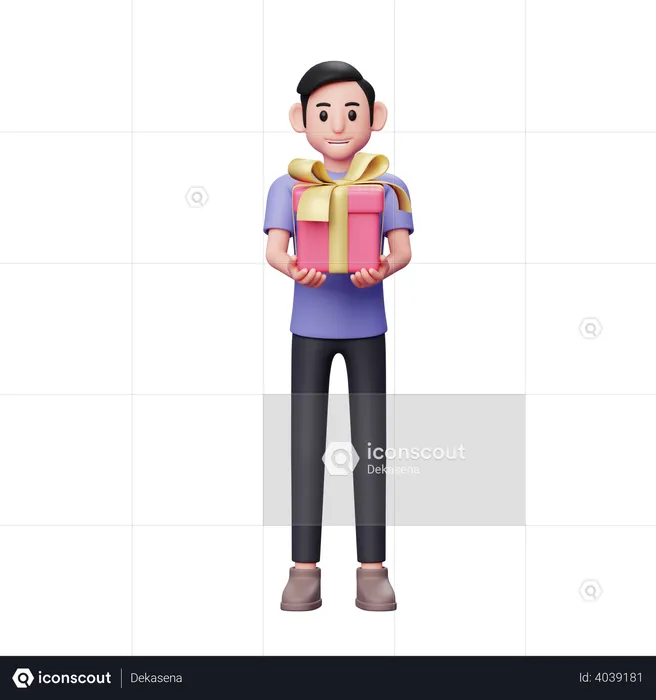Casual man gives a valentine gift to the camera  3D Illustration