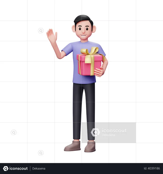 Casual man holding a pink gift with his left hand while waving say hi  3D Illustration