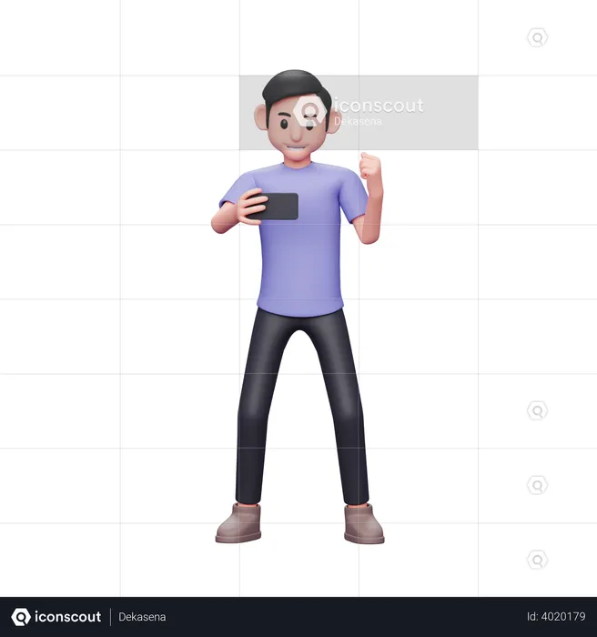 Casual man holding and looking at the phone screen while shouting happy celebrating victory  3D Illustration