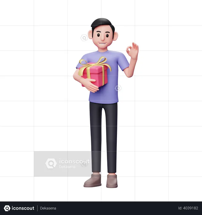Casual man hugs valentine's gift and shows ok sign on his hand  3D Illustration