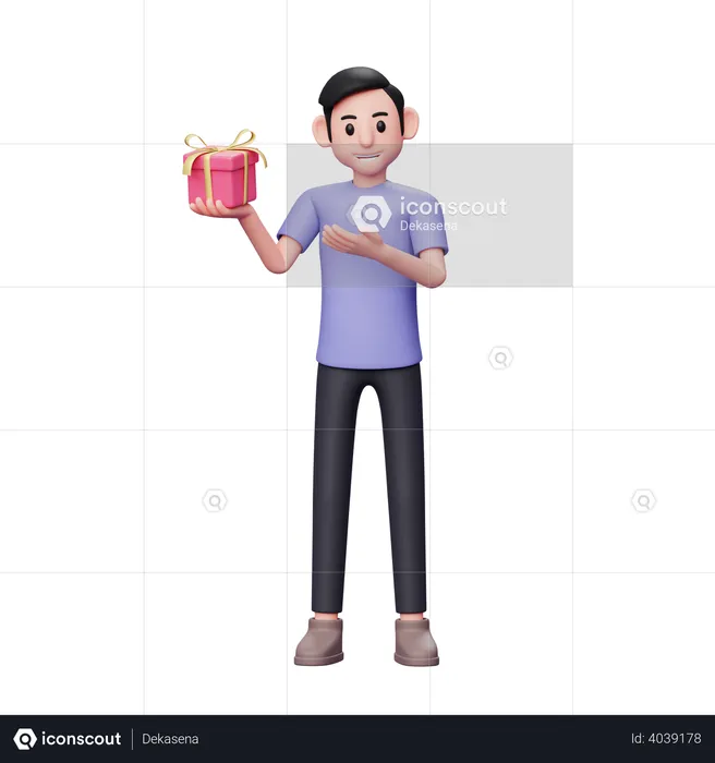 Casual man showing a small valentine gift he is holding with his right hand  3D Illustration