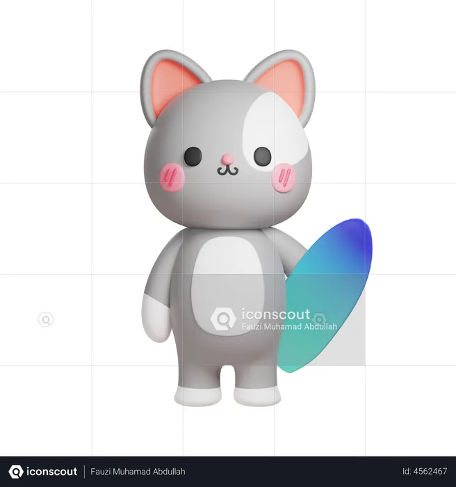 Cat With Surfboard  3D Illustration