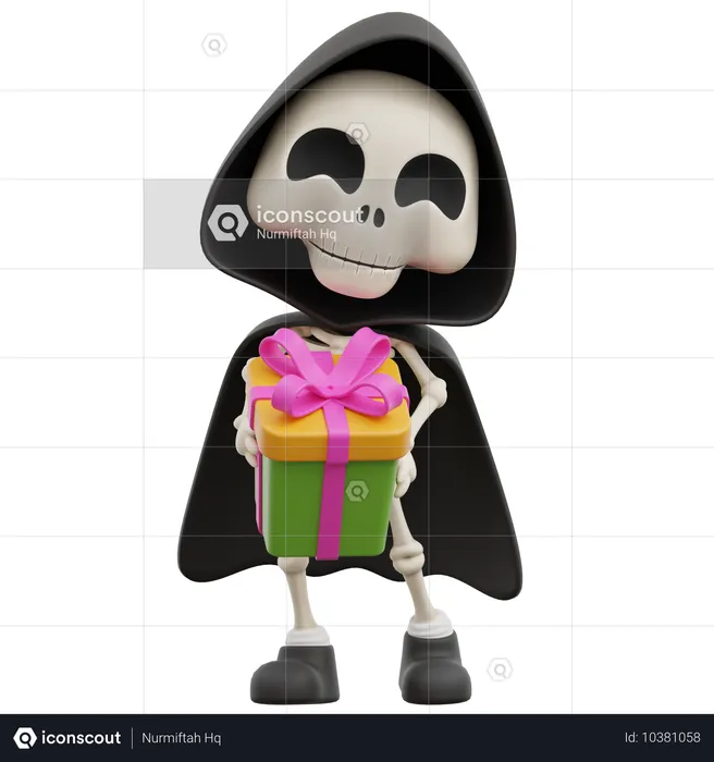 Grim Reaper segurando caixa de presente  3D Illustration