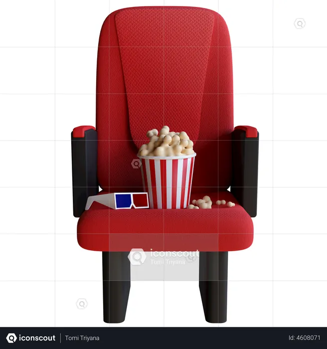 Chaise de cinéma avec pop-corn et lunettes 3D  3D Illustration