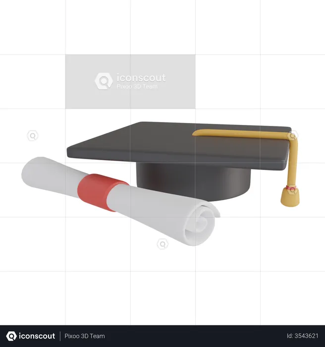 Chapeau de graduation avec certificat  3D Illustration