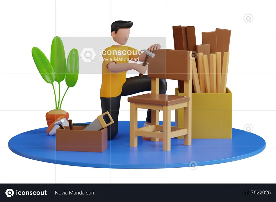 Charpentier utilisant des outils de menuiserie pour des travaux artisanaux dans un atelier de menuiserie  3D Illustration