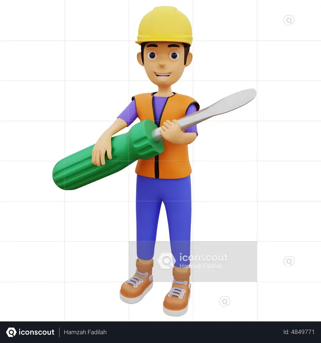 Trabalhador da construção civil masculino segurando chave de fenda  3D Illustration