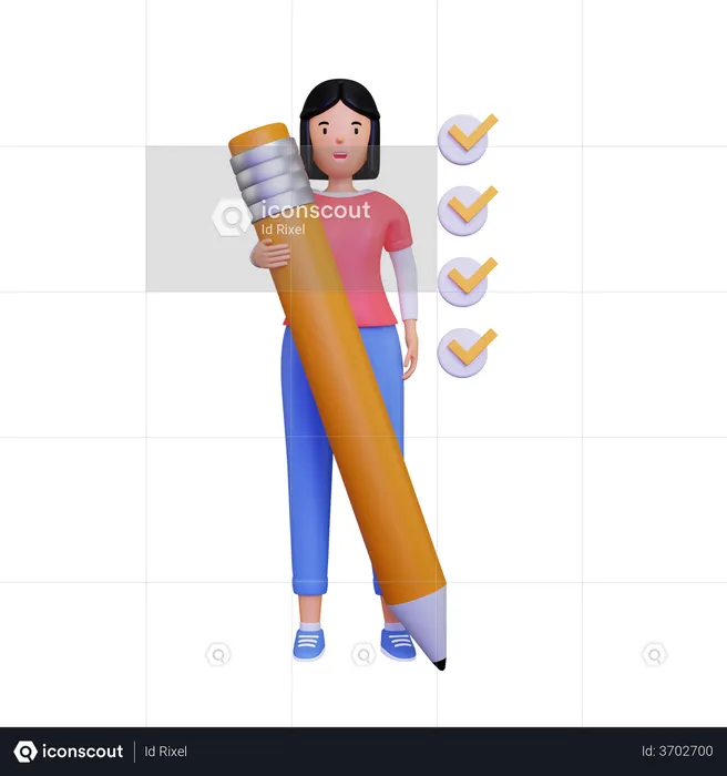 Woman doing checkmark on checkbox with pencil  3D Illustration