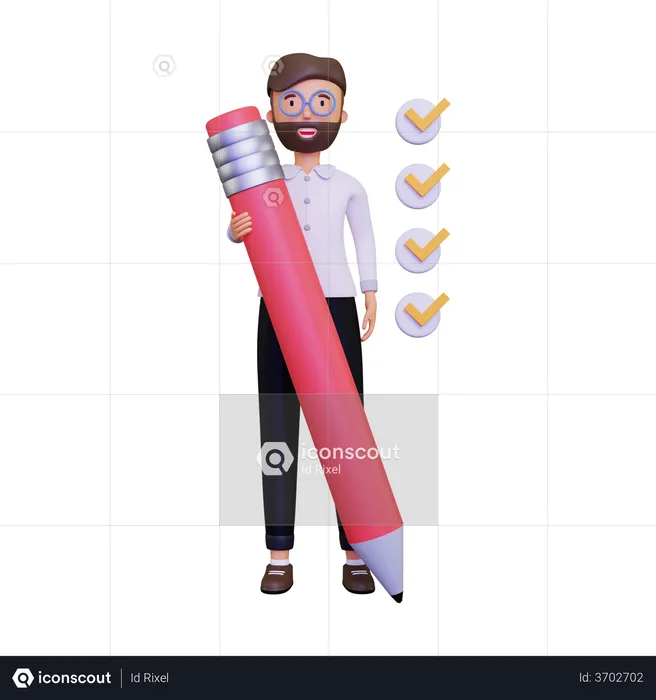 Man doing checkmark on checkbox with pencil  3D Illustration