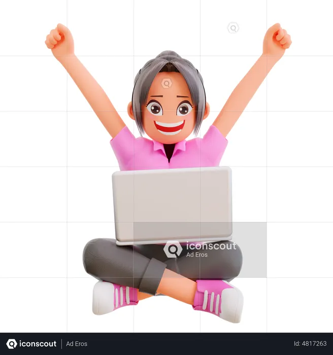 Cheerful Girl doing online learning in laptop  3D Illustration