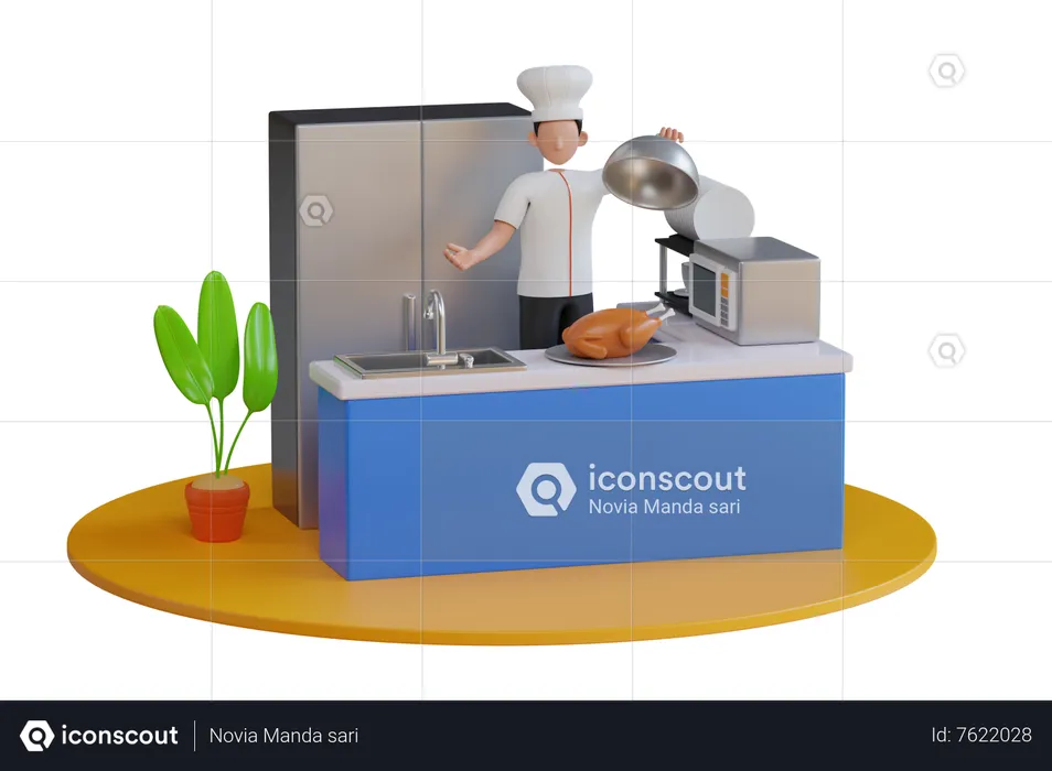 Chef cocinando pollo en la cocina del restaurante  3D Illustration