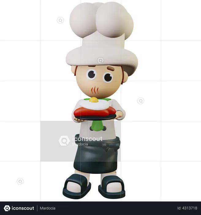 Chef cooking egg and sausage  3D Illustration