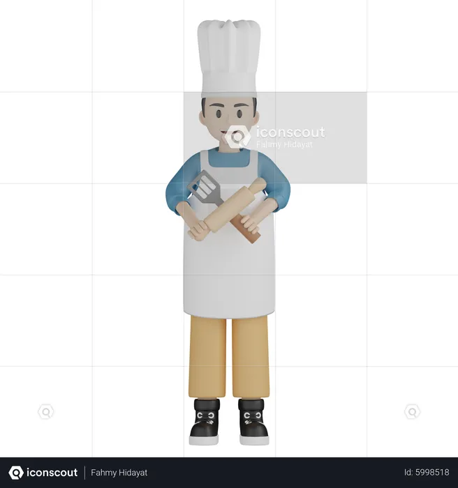 Chef de pie y sosteniendo un rodillo y una espátula  3D Icon