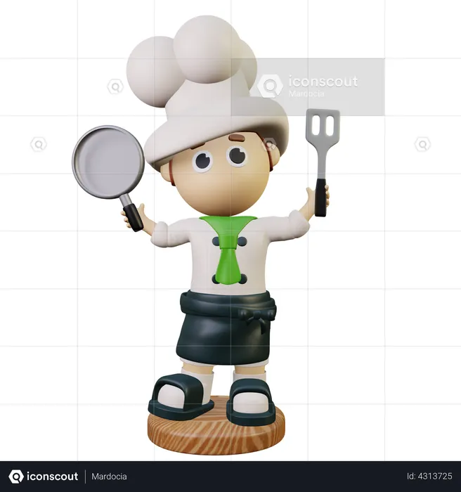 Chef holding pan and spatula  3D Illustration