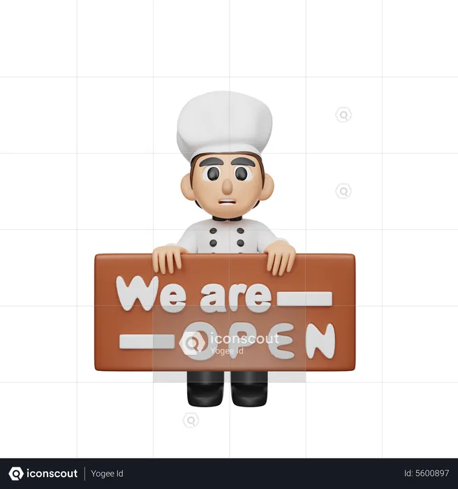 Chef Holding we are open Board  3D Illustration