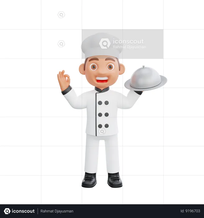 Chef masculino sosteniendo Cloche y mostrando el signo Ok  3D Illustration