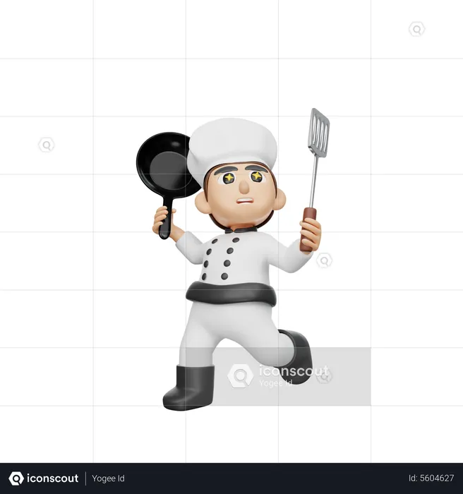 Chef masculino sosteniendo sartén y espátula  3D Illustration