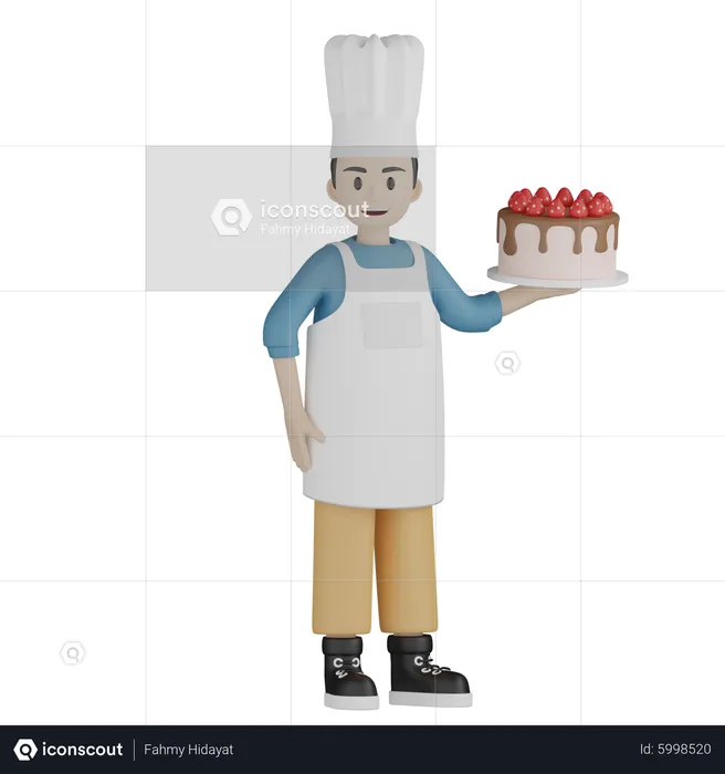 Chef masculino em pé e segurando o bolo  3D Illustration