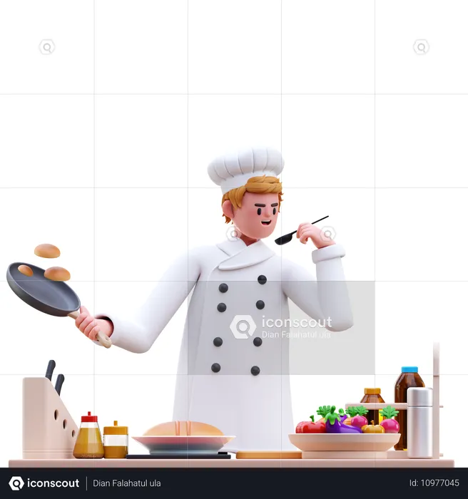 Chef masculino sosteniendo una sartén mientras sostiene un cuchillo  3D Illustration