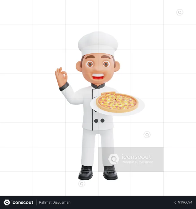 Chef mostrando sinal de ok e segurando pizza  3D Illustration