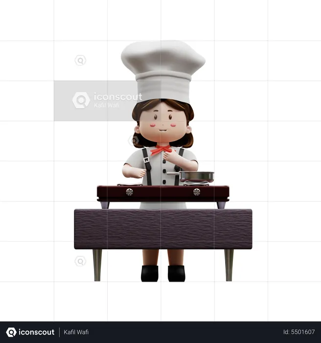 Chef feminina cozinhando na cozinha  3D Illustration