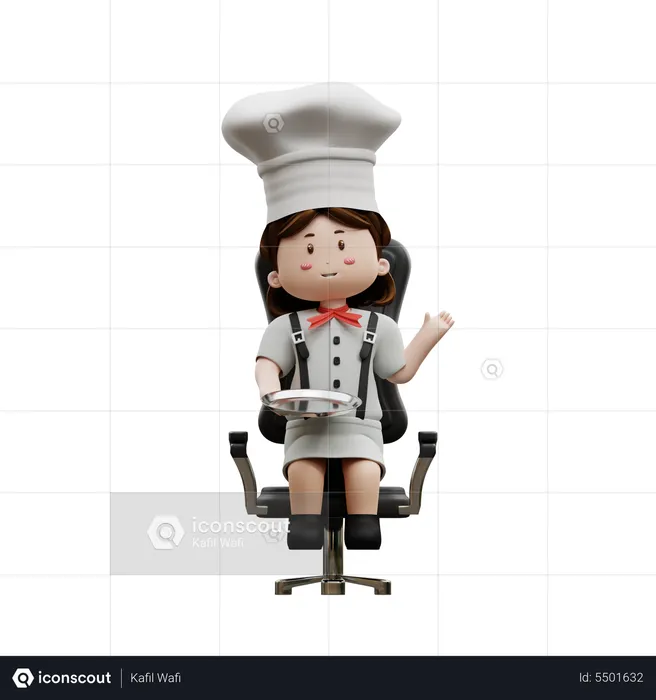 Chef feminina sentada em uma cadeira  3D Illustration