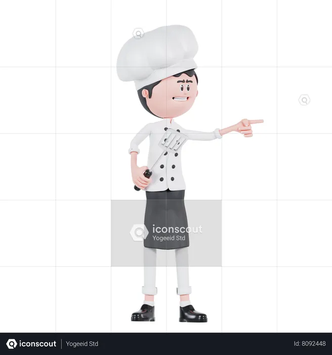 Chef Pointing To Left With Spatula  3D Illustration