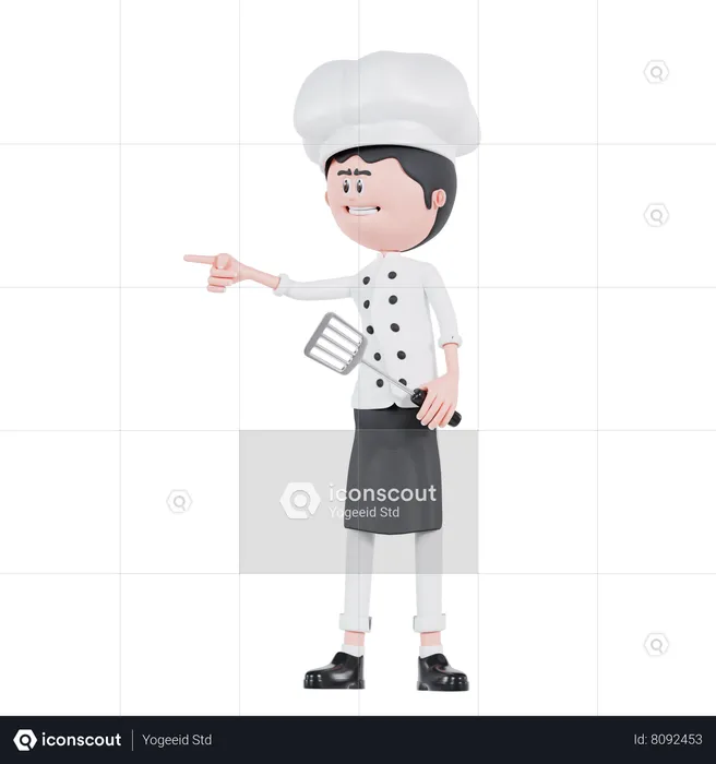 Chef Pointing To Right With Spatula  3D Illustration