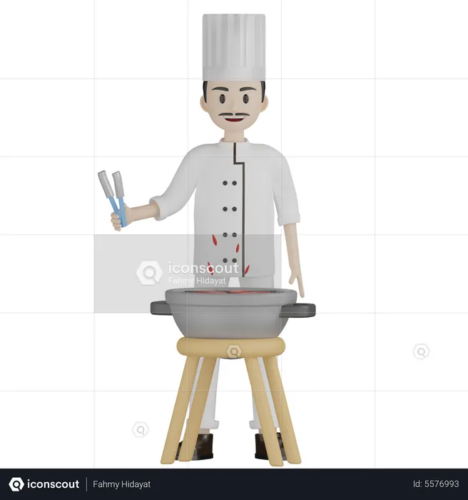 Chef masculino preparando barbacoa  3D Illustration