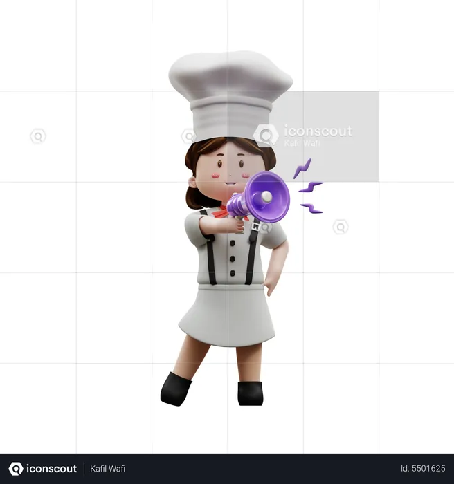 Chef femenina sosteniendo megáfono  3D Illustration