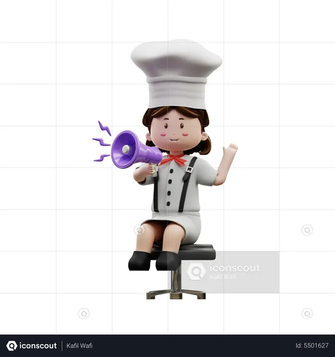 Chef femenina sosteniendo megáfono  3D Illustration