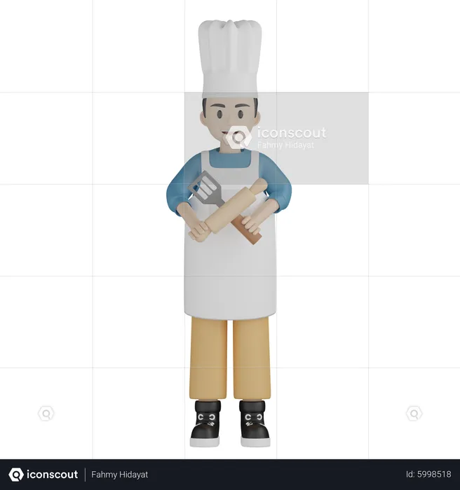 Chef standing and holding rolling pin and spatula  3D Illustration