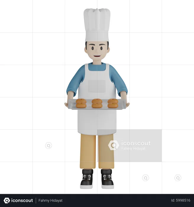 Chef tenant une assiette de beignets  3D Illustration