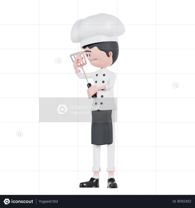 Chef tenant une spatule en pensant  3D Illustration