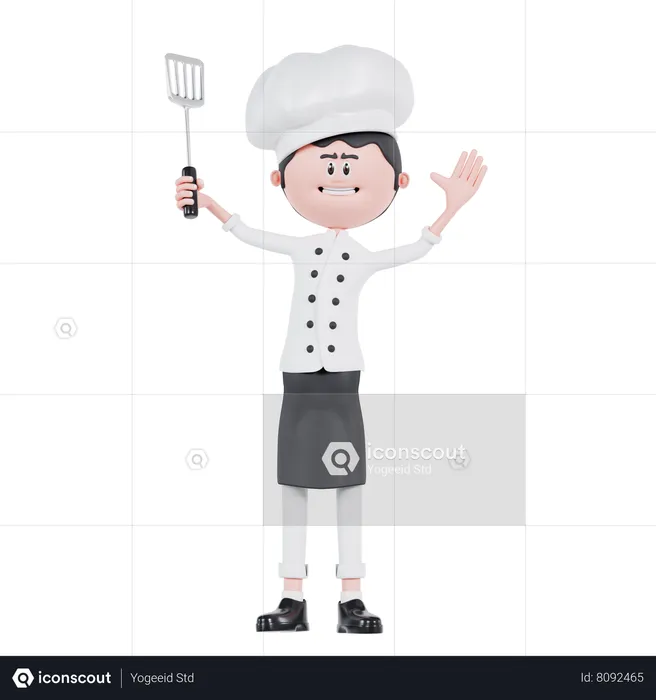 Chef tenant une spatule et agitant la main  3D Illustration