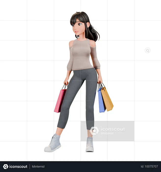 Chica adicta a las compras de pie con bolsas de compras  3D Illustration