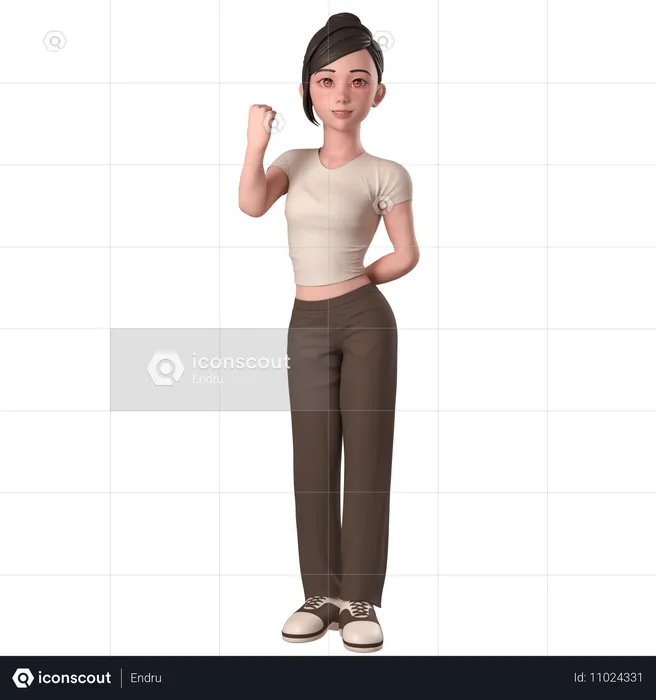 Chica casual con vestido marrón muestra pose de puño cerrado con la mano izquierda  3D Illustration