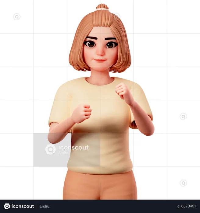 Chica casual mostrando lista para pelear con la mano del puño  3D Illustration