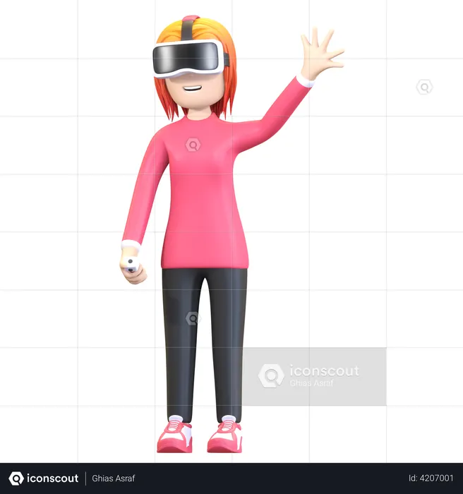 Chica con casco de realidad virtual y agitando la mano  3D Illustration