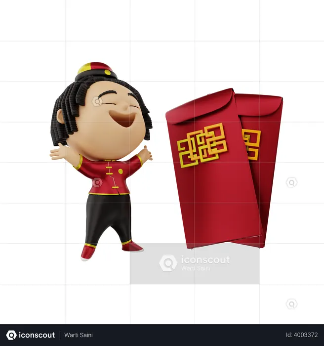 Chica con bolsillos rojos chinos  3D Icon