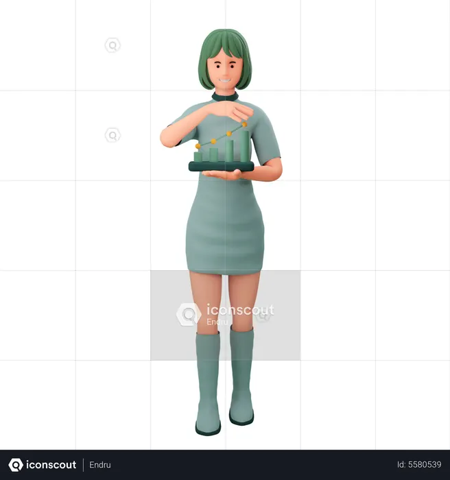 Chica con gráfico de estadísticas creciente en la mano  3D Icon