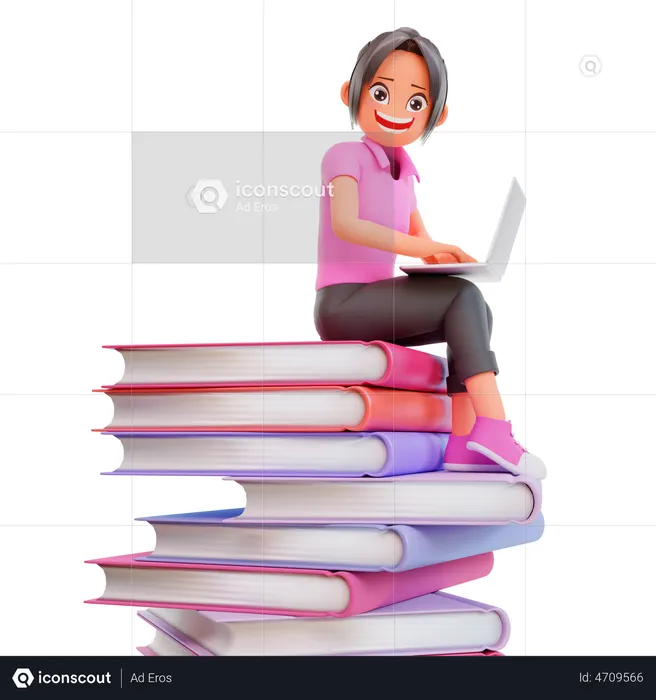 Chica con laptop estudiando en un curso en línea  3D Icon