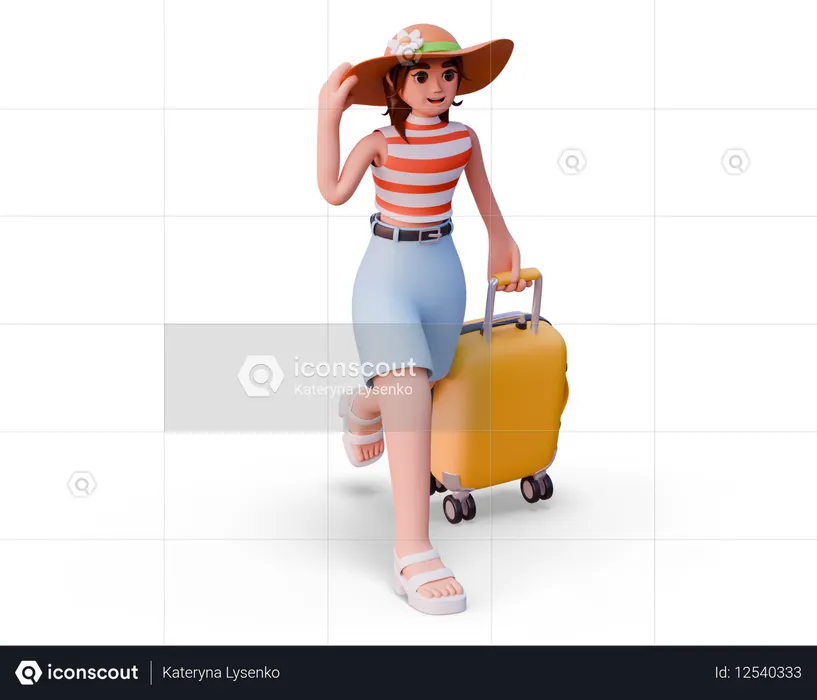 Chica con sombrero corre con una maleta  3D Icon