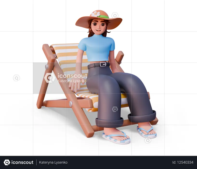 Chica con sombrero sentada en una silla de playa  3D Icon