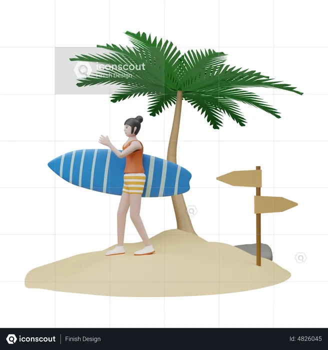 Chica con tabla de surf  3D Illustration