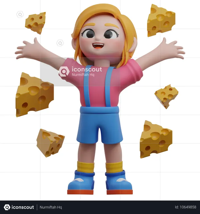 Niña con trozos de queso flotando  3D Illustration