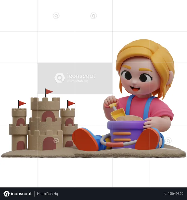 Niña construyendo castillos de arena  3D Illustration