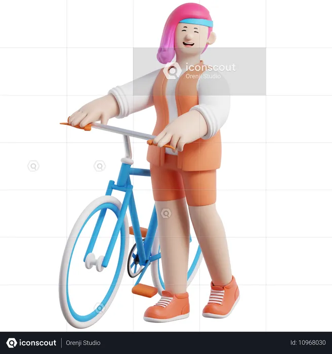 Chica de pie con bicicleta  3D Illustration